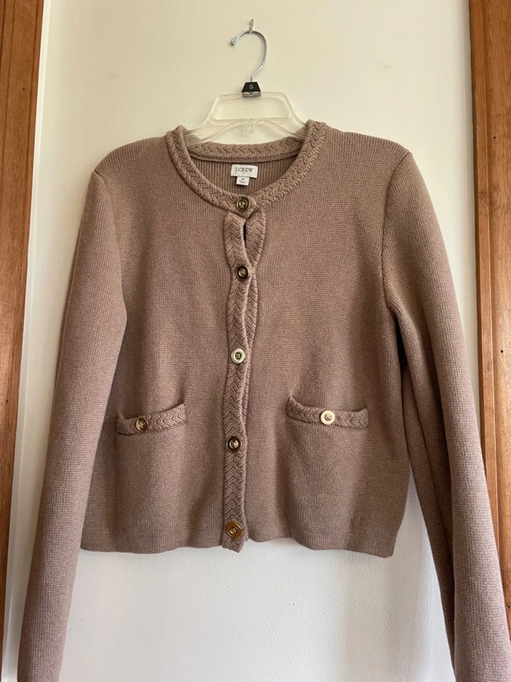 J. CREW Taupe Cotton Knit Button Braided Neck & Front Placket Cardigan M